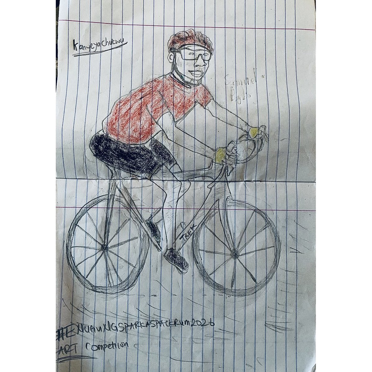 Samuel Agbo's drawing of Kanyeyachukwu on his bicycle.