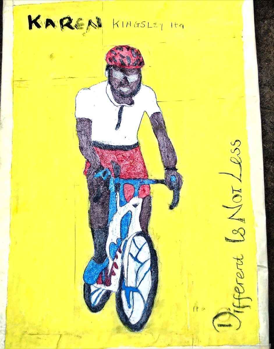 Ita Karen Kingsley's artwork: a Black cyclist in a white jersey, red shorts, and red helmet, riding a blue and white bicycle on a yellow background. Caption reads: Different is Not Less.