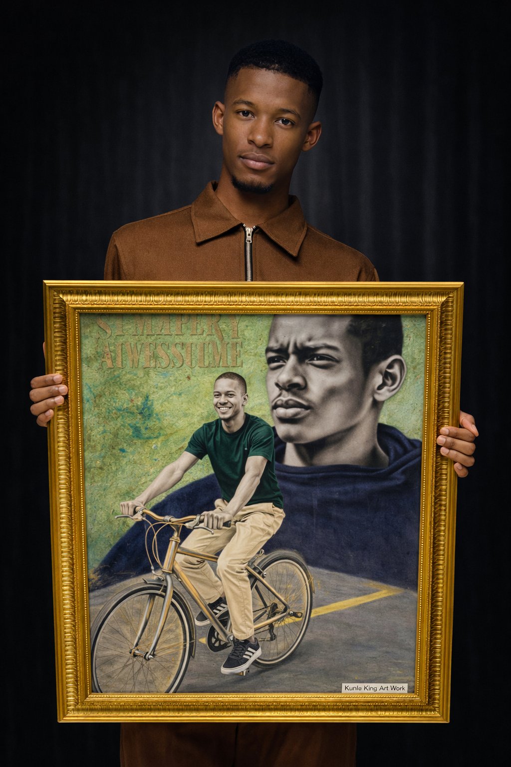 Kosisochukwu Victory Okeke holding one of his paintings, Magic King Creations